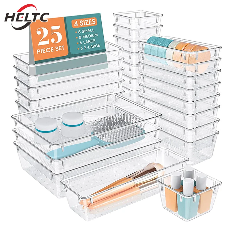 1Pcs Drawer Organizers Set Clear Plastic Desk Dividers Bins Bedroom Dresser Office Storage Box For Makeup Jewelries Gadgets