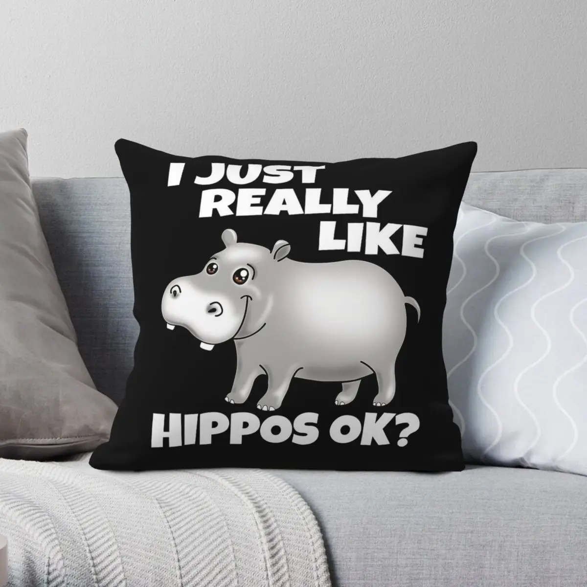 I Just Really Like Hippos Square Pillowcase Polyester Linen Velvet Pattern Zip Decor Room Cushion Cover 45x45