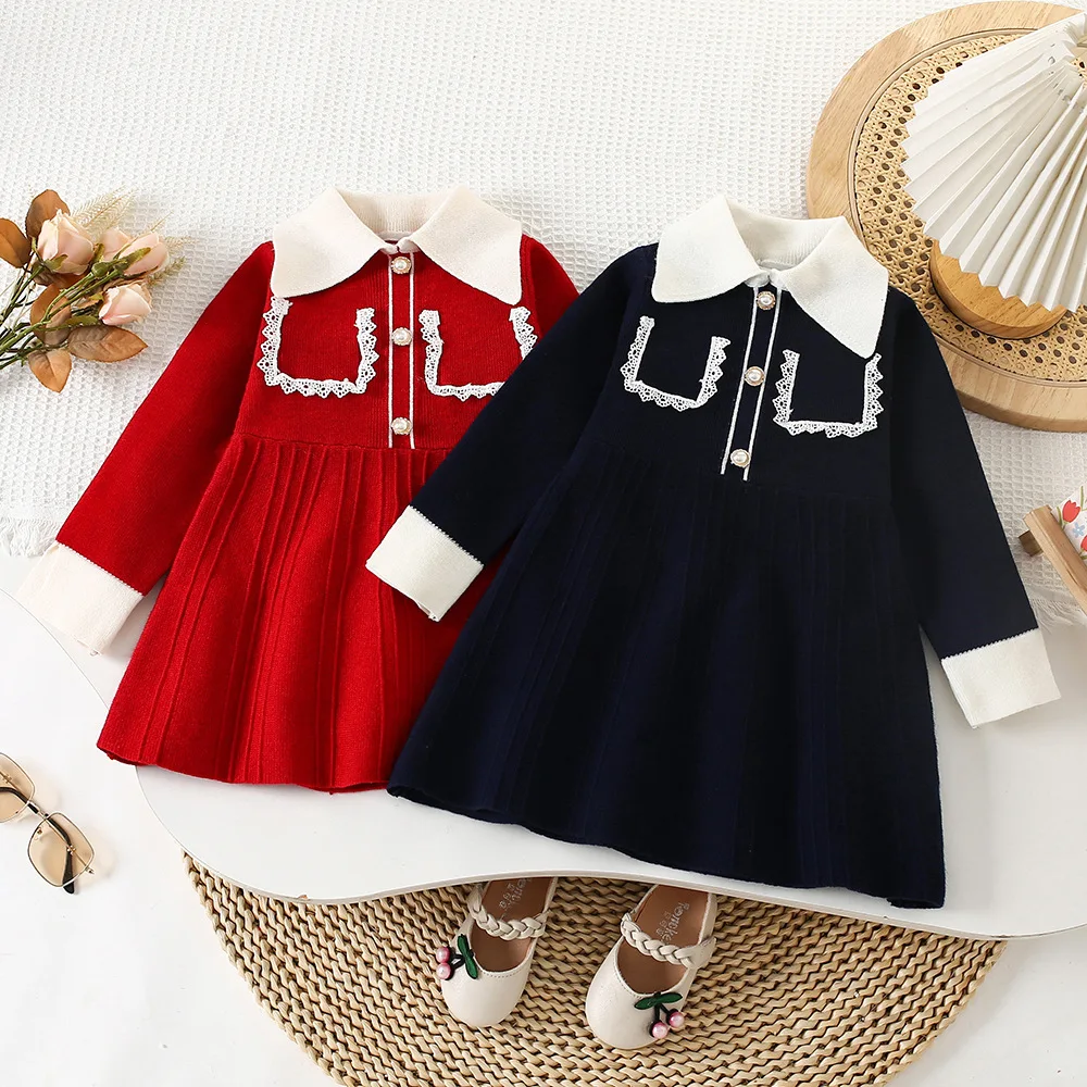 

2025 Fall Winter Girls Knit Dress with Collar Korean Fashion Kids Girl Long Sleeve Dresses Lace Trim Toddler Outfit for Toddler