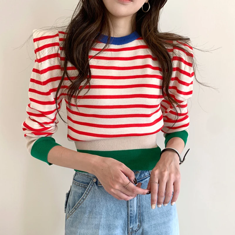 

O-Neck Pullover Contrasting Stripes Sweater Korean 2023 New Autumn Chic All-Match Slim High Waisted Puff Sleeved Knit Short Top