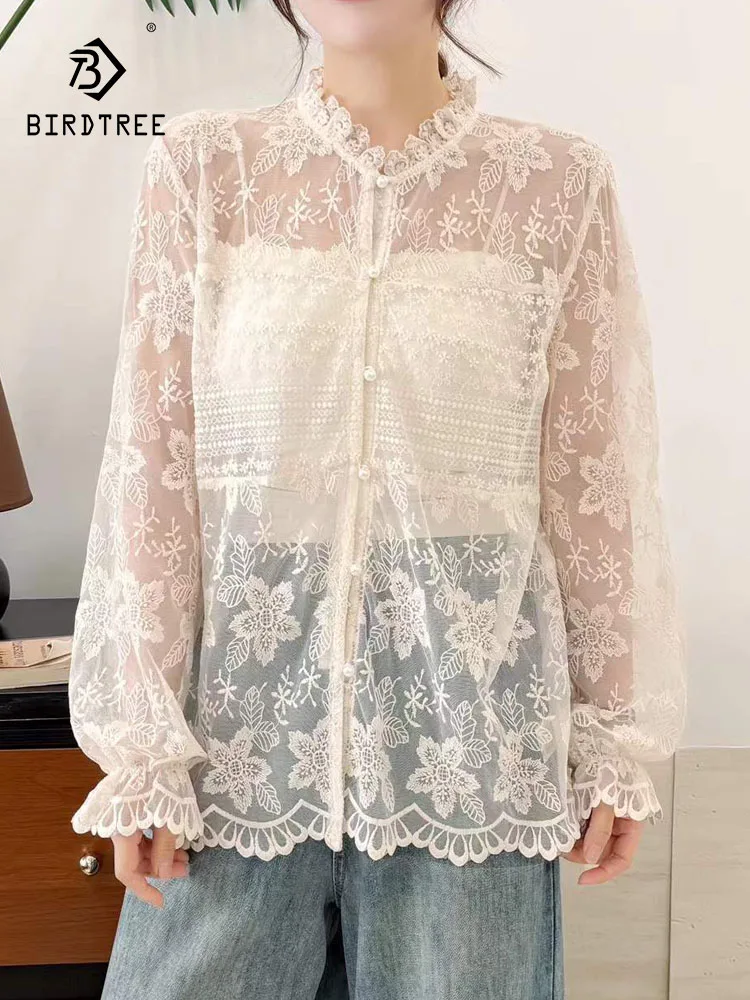 Novo 2025 inverno algodão camisa de manga longa, feminino suporte renda pérola botão, mori menina francês chique ins blusa pura solta t5n922cc