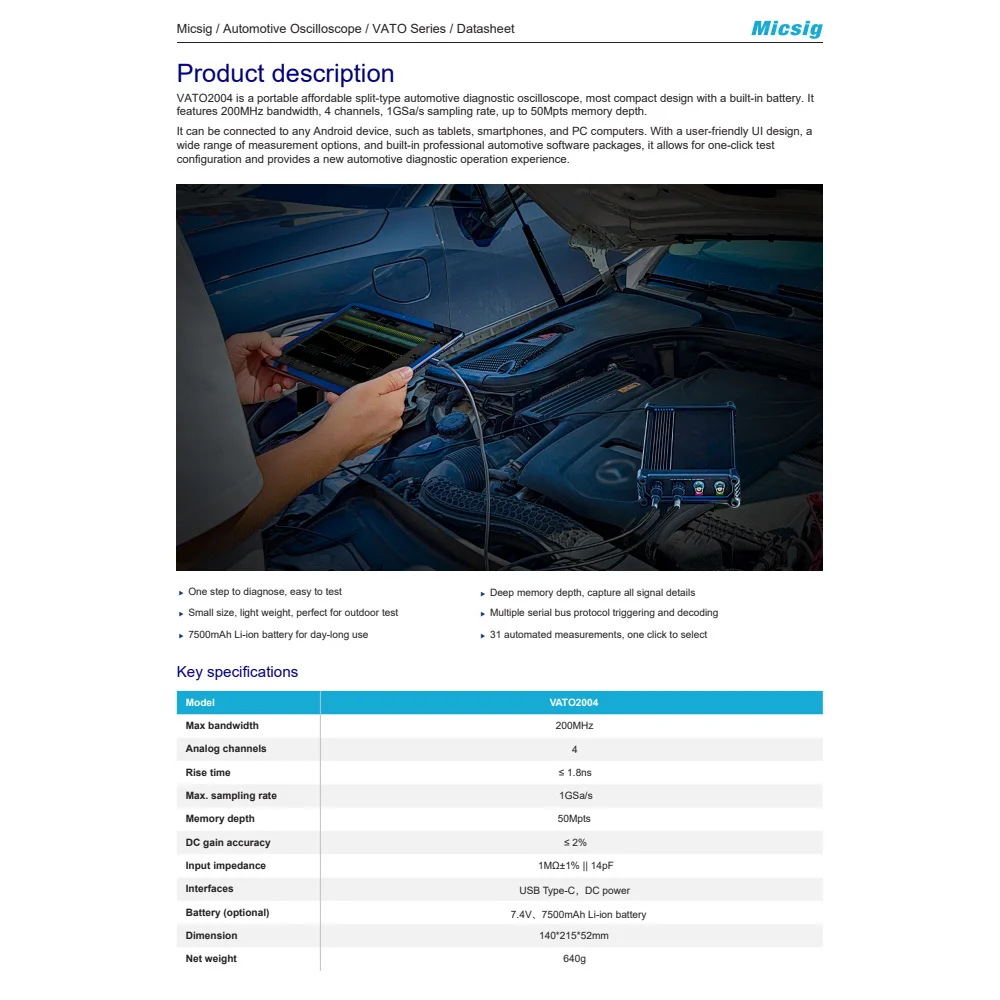 Micsig Split-type Automotive Oscilloscope VATO2004 200Mhz 4 Channels 50Mpts 1GSa/S Multi Functional Diagnostic Scope