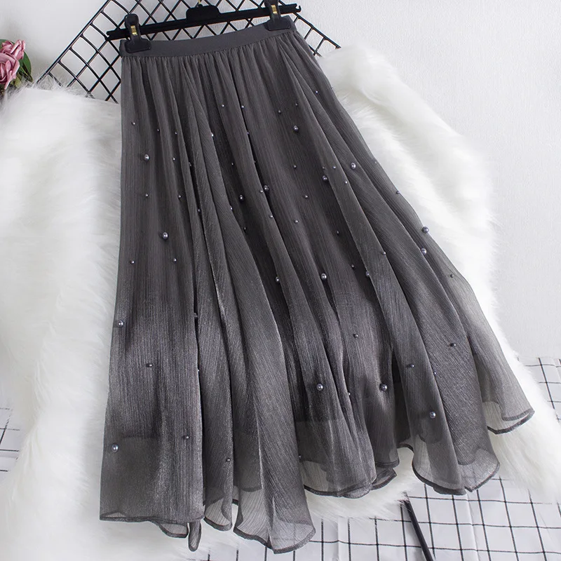 Glossy Pearl Mesh Skirt 2026 New Beaded Irregular Fairy Maxi Long Skirt A-Line Sweet Pleated Party Commute Women Autumn Spring