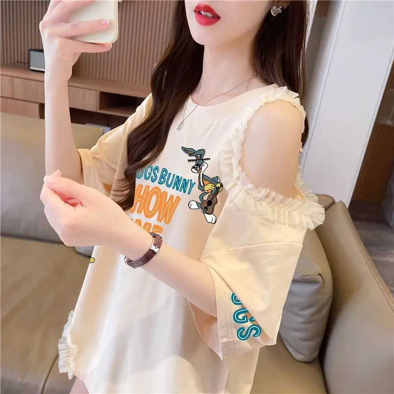 T-shirt à manches courtes et épaules dénudées pour femme, grande taille, avec dentelle et design fendu ouvert