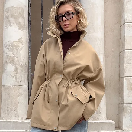 

2026 Autumn Barn Style Women's Design Sense Mid-Length Simple Casual Loose Waist-Tie Drawstring Trench Coat