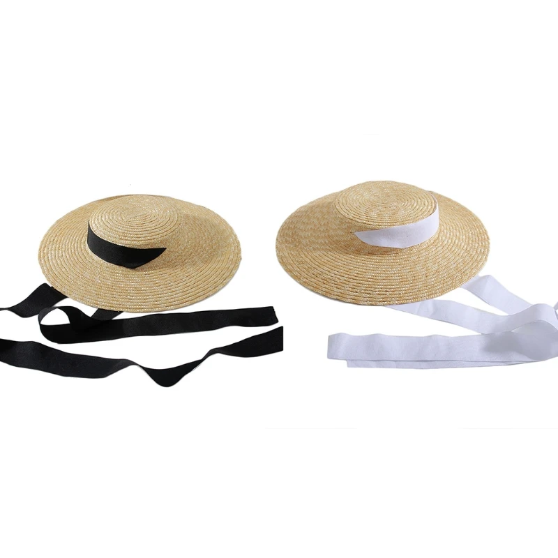 

Womens Summer Large Wide Brim Flat Top Straw for Sun Hat Vintage Long Ribbon Chin Strap Travel Sunscreen Floppy Beach