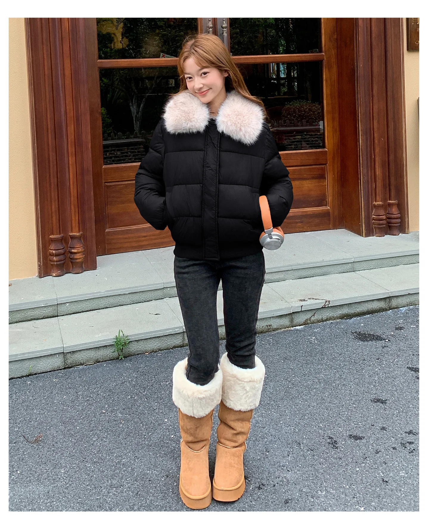 Korean Version Fashion Gray Long-sleeved Short Down Cotton Clothes Women's Winter New Removable Fur Collar Splicing Warm Jacket