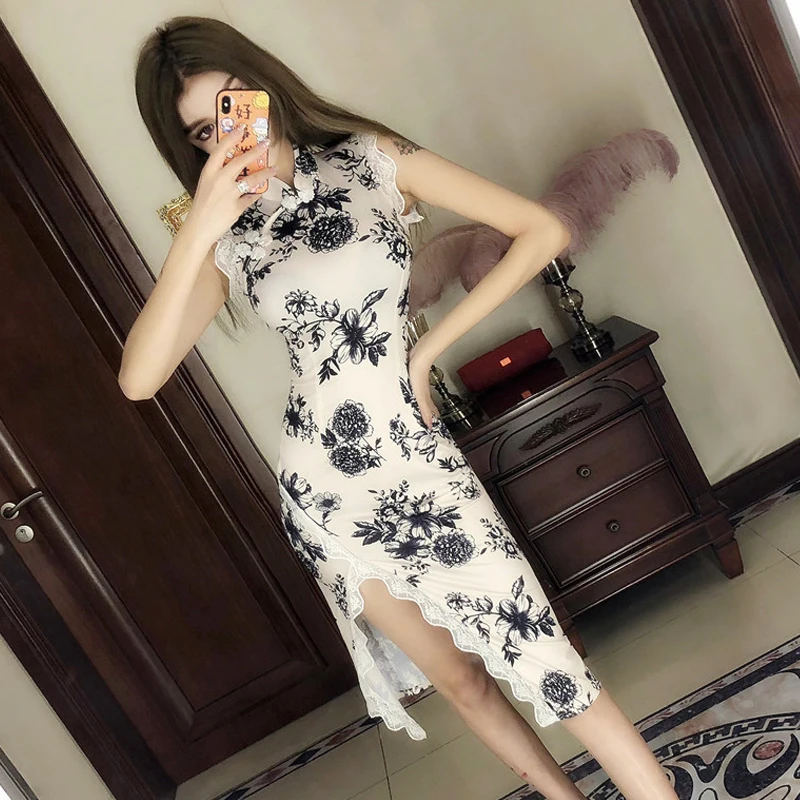 Summer 2023 Slim Fit Girl Mid length Split Lace Oriental Dresses ​Qipao Youth Dress Retro Cheongsam Cosplay Party China Clothes