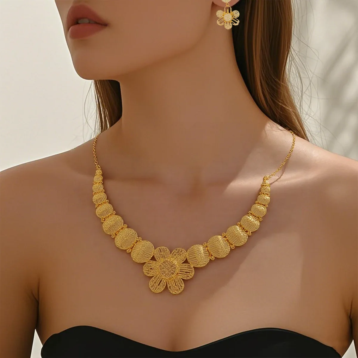 Luxury 24K 9999 Pure Gold real gold Dubai vintage hollow flower necklace earrings set