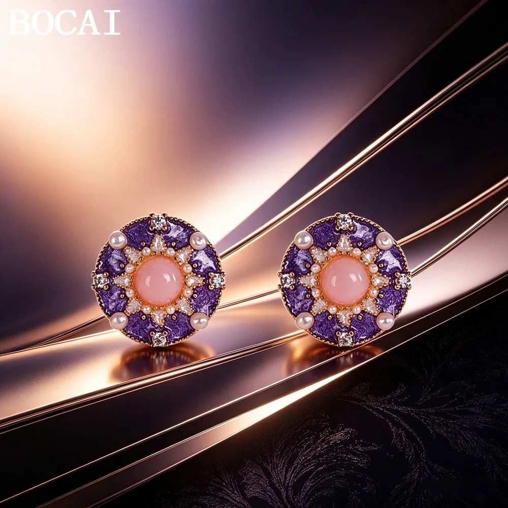 

BOCAI New S925 Sterling Silver Jewelry Fashion Trend Blue-green Gold-plated Seashells Earrings Selected Gifts For Women