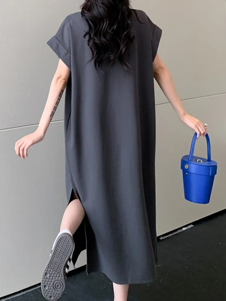 夏ゆるいカジュアルミドル丈Tシャツワンピースレディース膝丈着痩せシンプルスタイル半袖マキシドレス