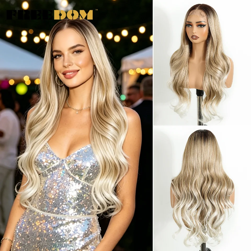 FREEDOM Synthetische Lace-Front-Perücken für Damen, 13x6, natürliche Wellenstruktur, 26 Zoll, Ombré-Braun-Blond mit Highlights, für den täglichen Gebrauch. – Detail 2