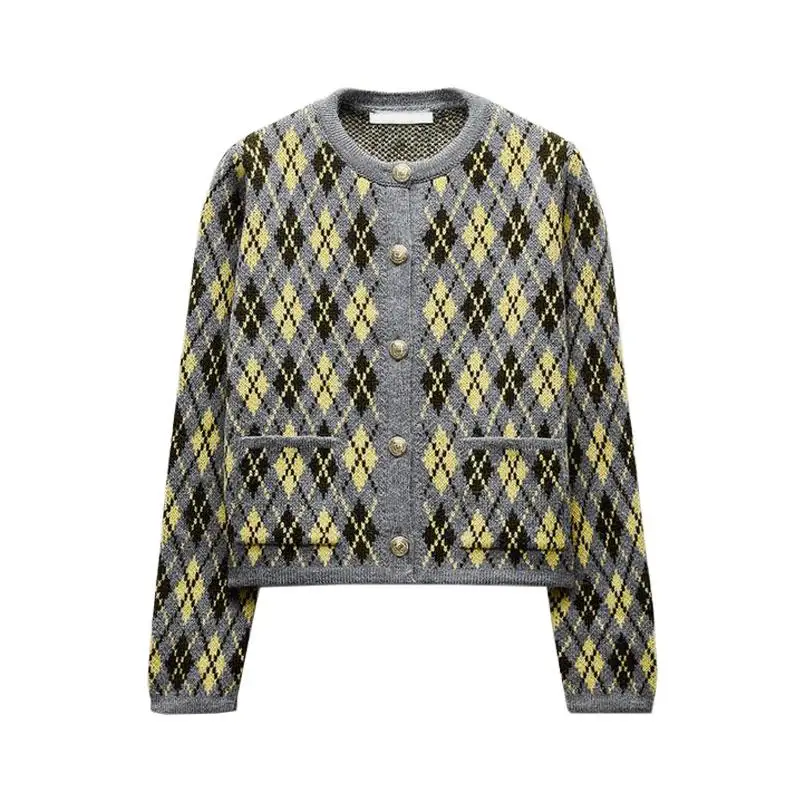 Chaqueta de Punto de Manga Larga con Cuello Redondo para Mujer, Estilo Informal, Estampado de Diamantes, Estilo Dulce, Fibra ...