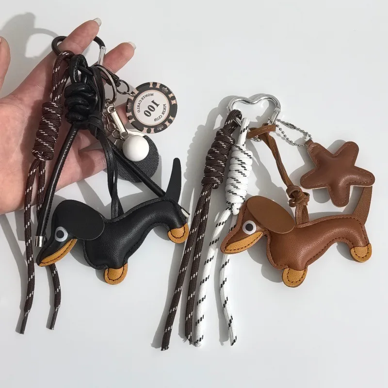 Car keychain pendant Cross-border PU leather sausage puppy car key DIY creative hand-woven rope bag pendant