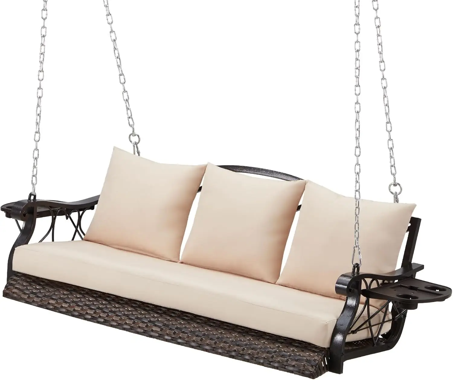 3-Person Wicker Porch Swing Chair Heavy Duty 900 LBS Outdoor Rattan Patio Swing Chair w/Cup-Holder & Steel Chains Hanging Bench