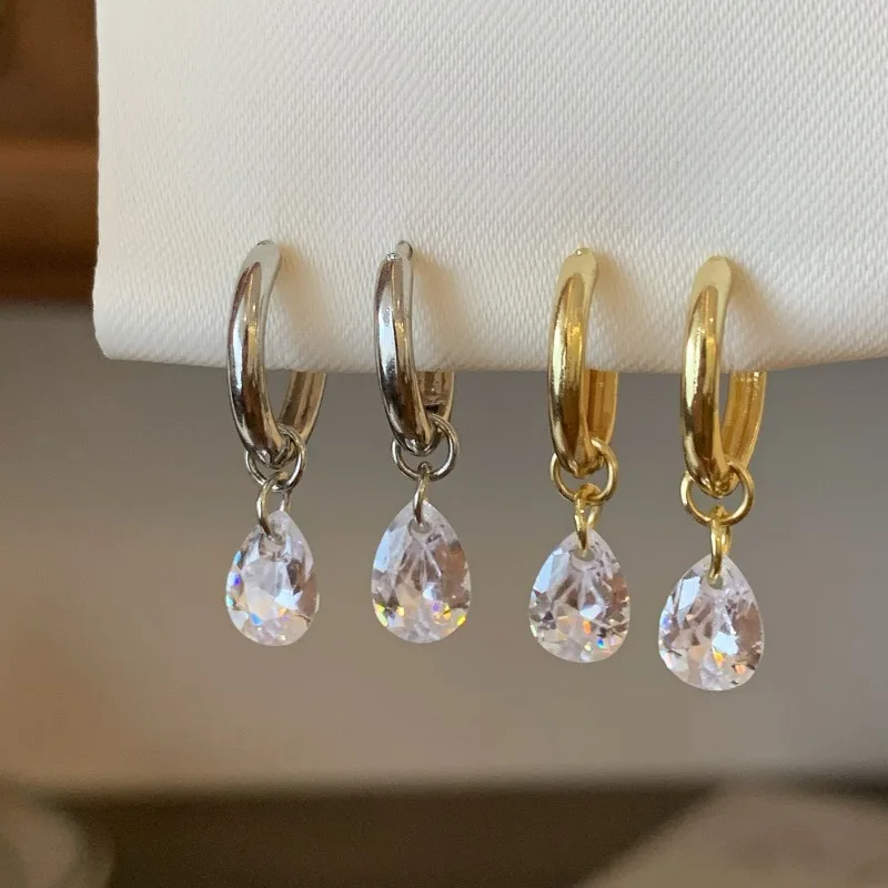 Delicate Cubic Zirconia Waterdrop Hoop Earrings Women Stainless Steel Gold Silver Color Drop Earrings Charm Daily Jewelry 2025