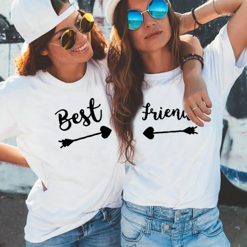 Melhores amigos gráfico camiseta feminina verão manga curta irmã bff t camisa feminina topo branco casual camiseta femme