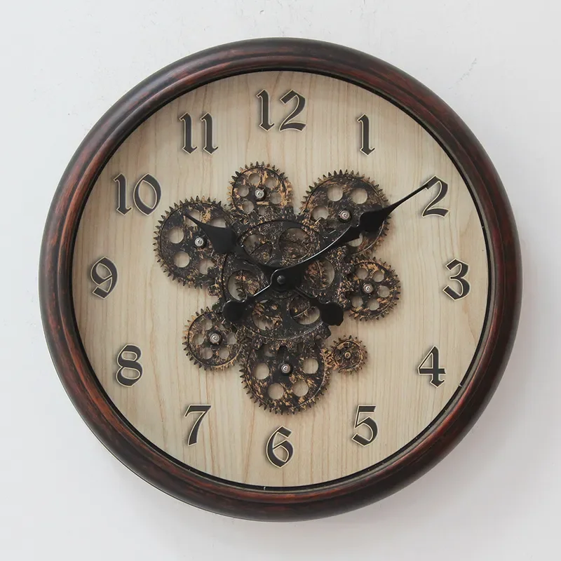 Creative Dynamic Gear Wall Clock 16 Inch Nordic Retro Wood Grain Modern American Style Living Room Home Decor Silent Quartz