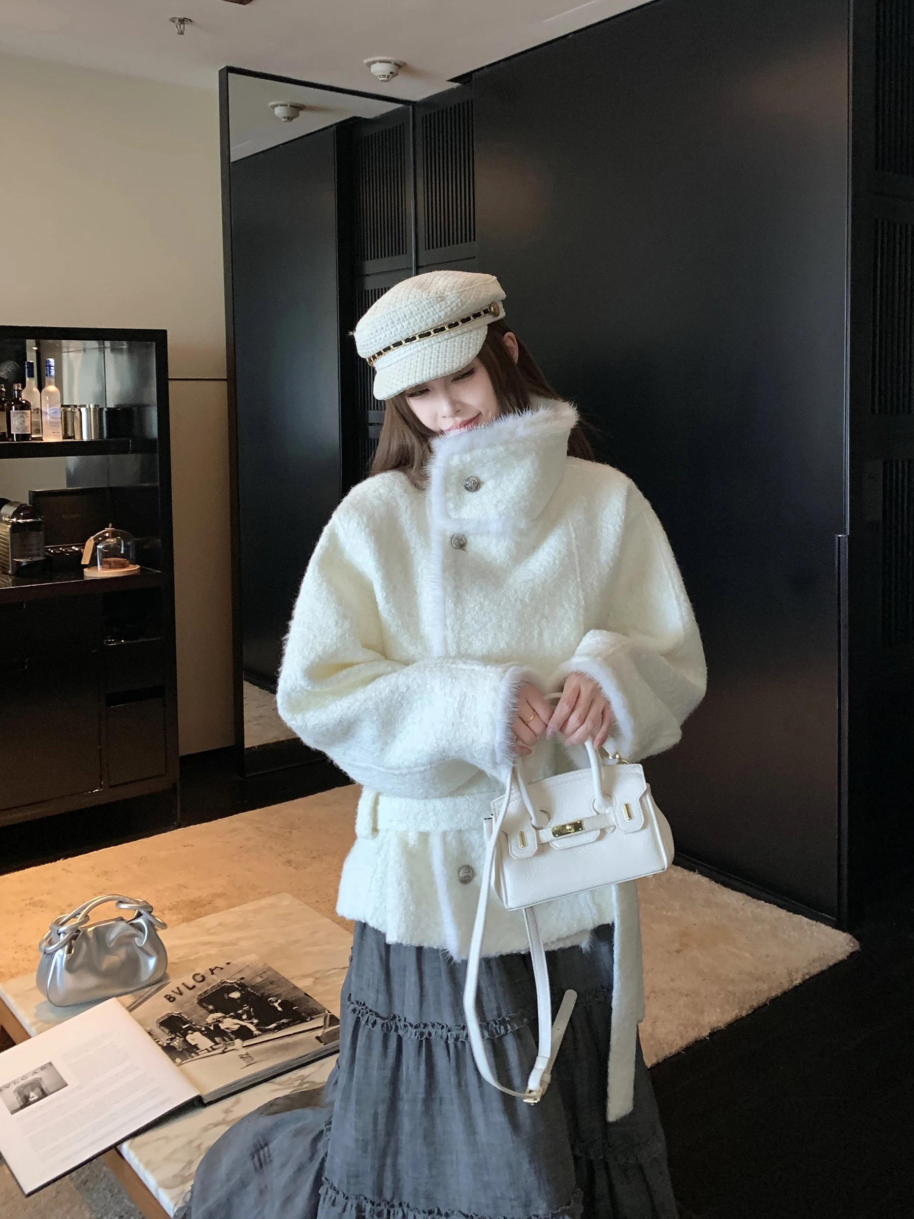 

Buou White Woolen Coat ort Stand Collar Women's Autumn Winter Faion Small Size Premium Feeling Polyester Fiber Long Sve