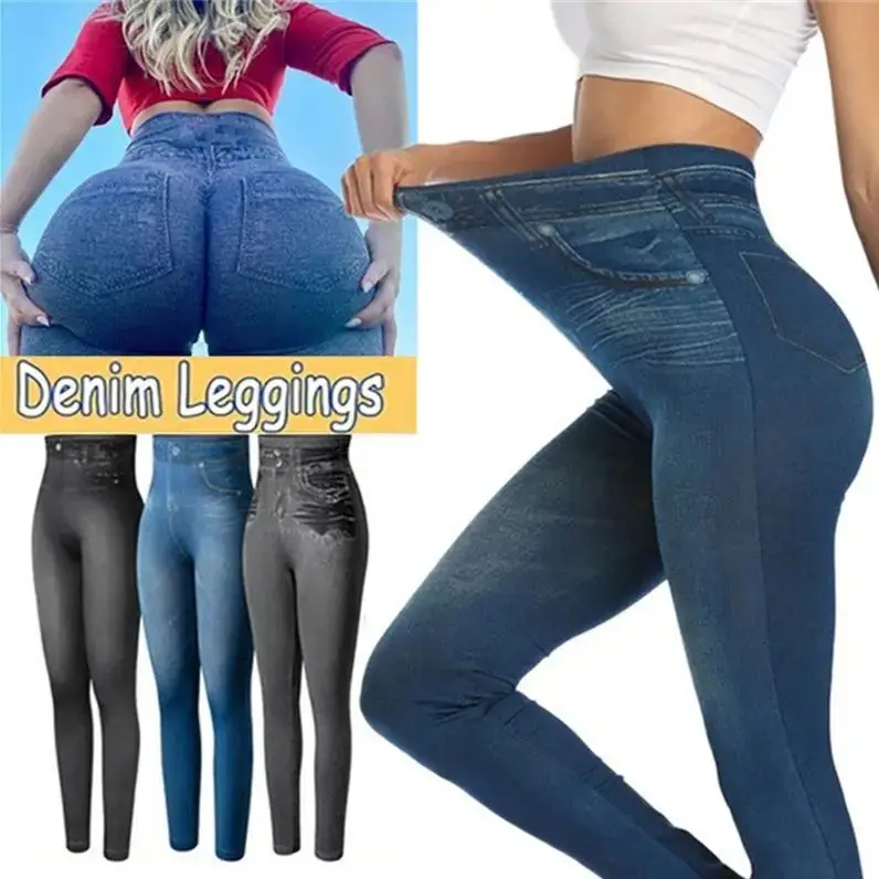 2024 Push Up Seamless High Waist Faux Denim Leggings Women Casual Elastic Pocket Jeans Print Pants Skinny Pencil Leggins Mujer