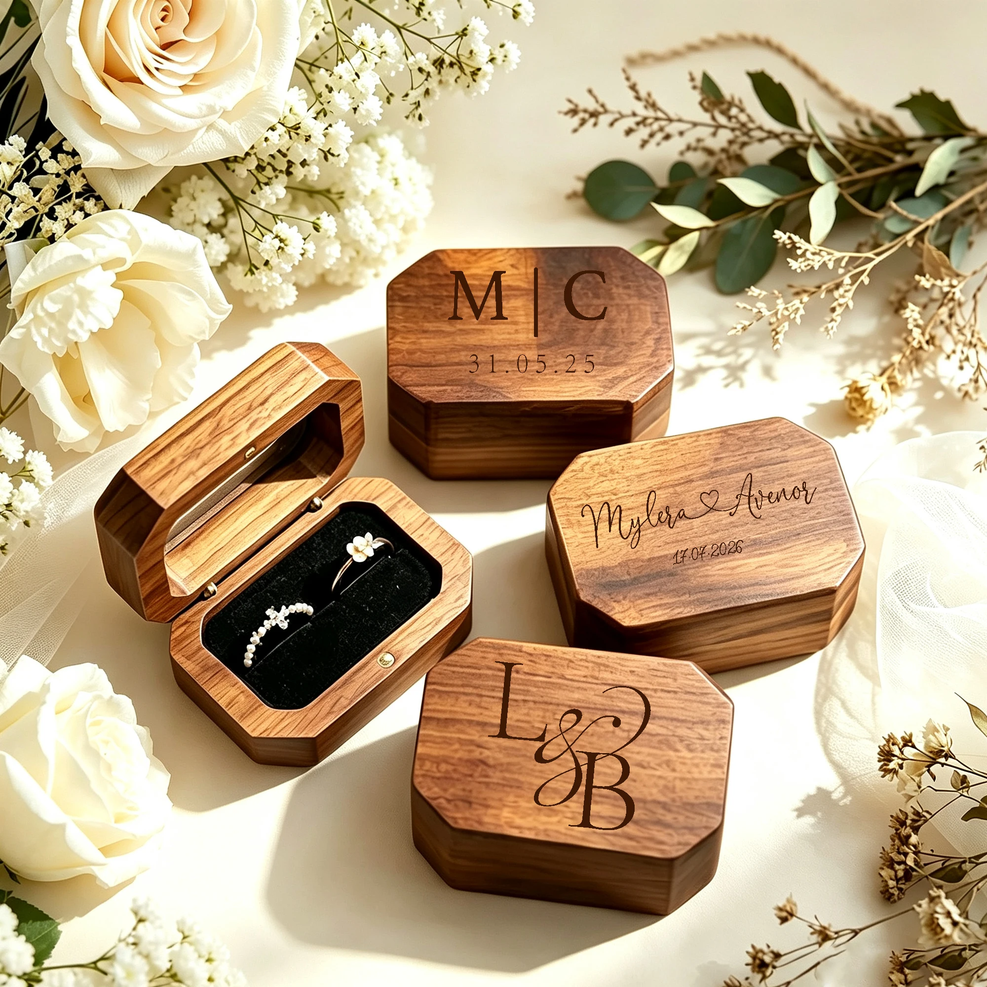 Personalized Octagonal Wooden Ring Box,Engagement Ring Box,Double Ring Holder Box,Wedding Memory Storage for Couple,Jewelry Boxe