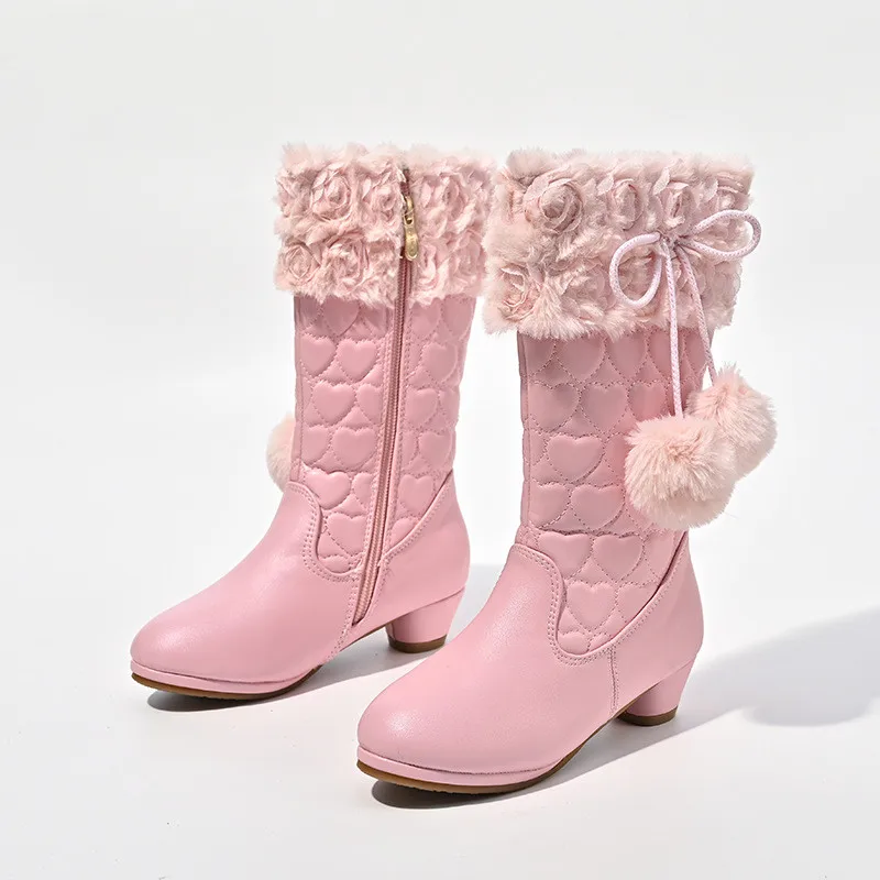 Girls High Boots 2023 Winter Toddler Kids Princess Fashion Brand Knee Long Boots Children Flower Pompom Low Heel Pink Shoes