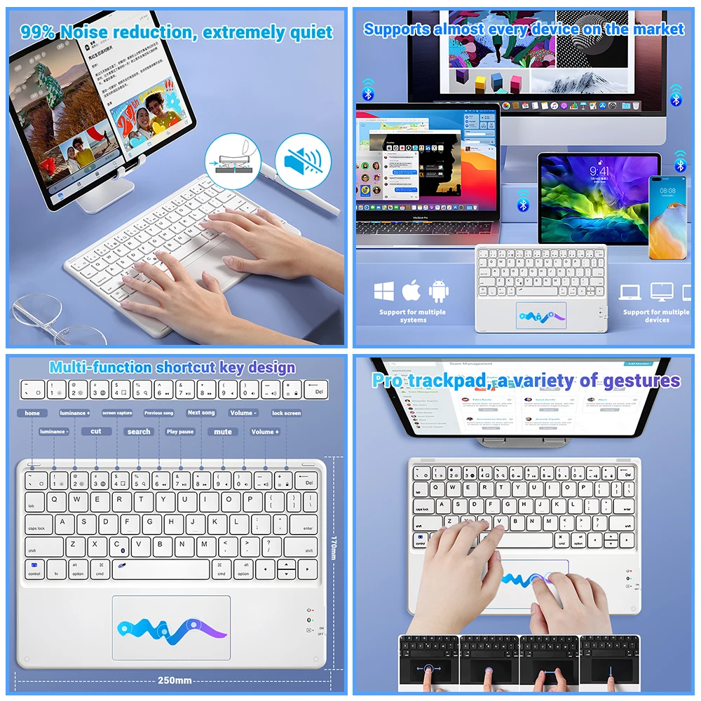 Teclado Bluetooth e Mouse para iPad, iPad, IOS, Android, Windows, Samsung, Xiaomi, Tablet, Espanhol, Coreano, Russo, 11"