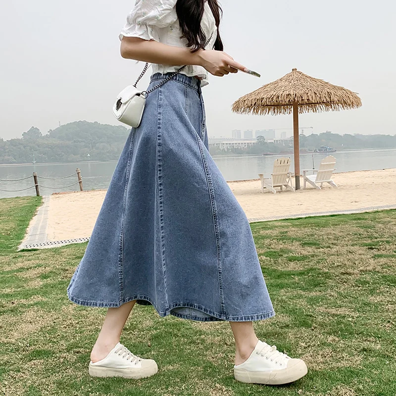 High Waist A-Line Midi Skirt Women's Elastic Waist Denim Pleated Slimming Spring New Style Korean Version Commute Pure Color