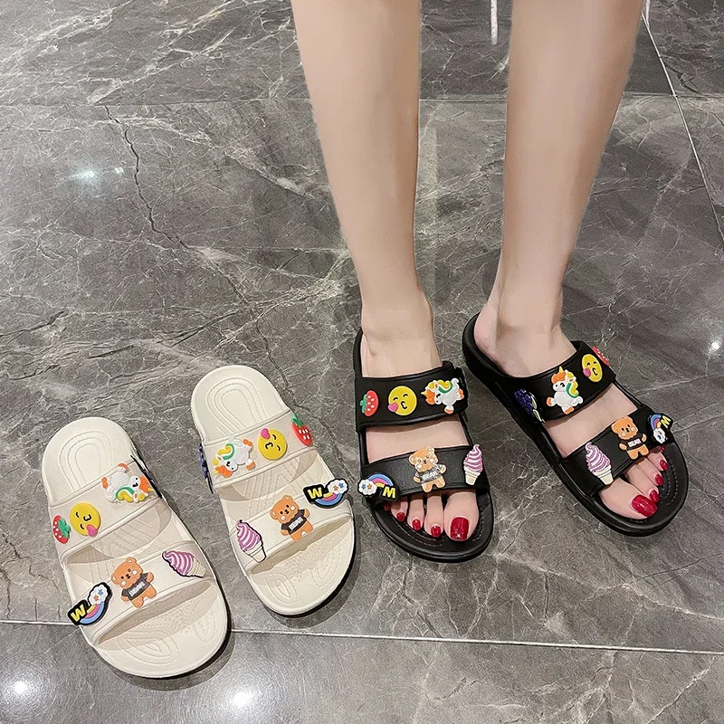 Women Summer Casual Slides Comfortable Flax Slippers Striped Cartoon Flip Flops Platform Sandals Ladies Outdoor Shoes