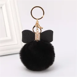 Fashion Pompom Keychain Creative PU Bow Keyring with Brilliant Rhinestones Women HandBag Ornaments Car Key Holder Accessories