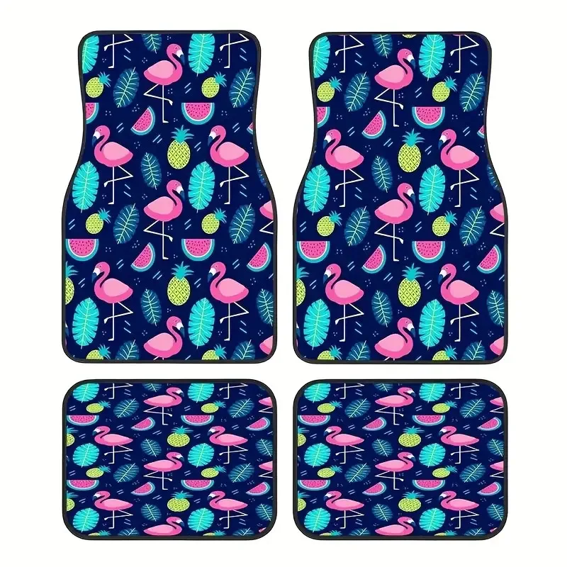 4 alfombrillas para coche con diseño de flamencos - Antideslizantes, fáciles de limpiar, de poliéster duradero, diseño vibrante en rosa y azul con follaje tropical, por unidad.