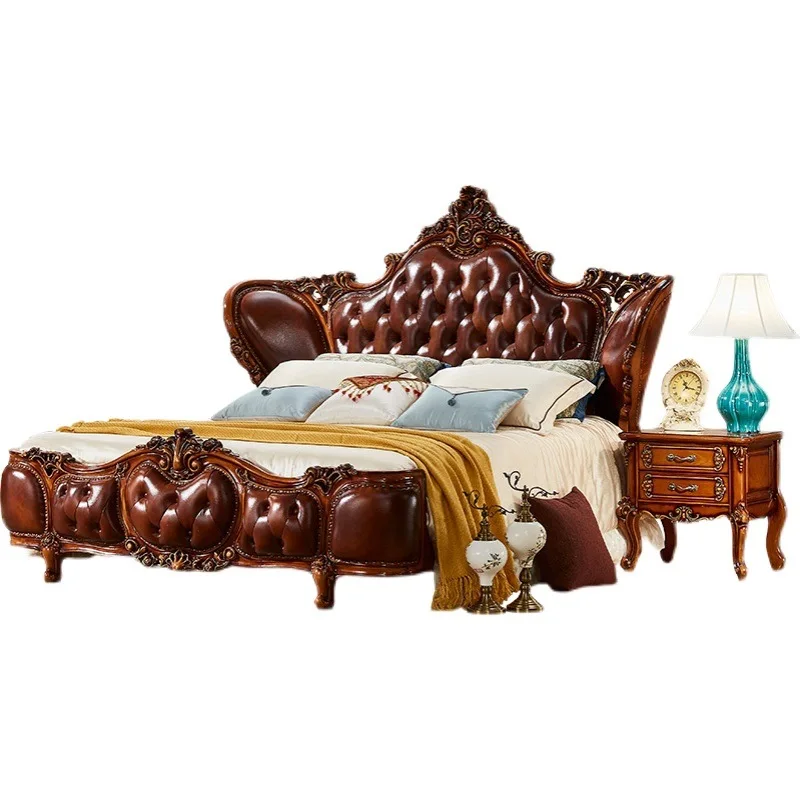 

Роскошная двуспальная кровать размера «queen-size» из цельного дерева и кожи в европейском стиле, расширенная 2,2 метра, роскошная вилла в американском стиле