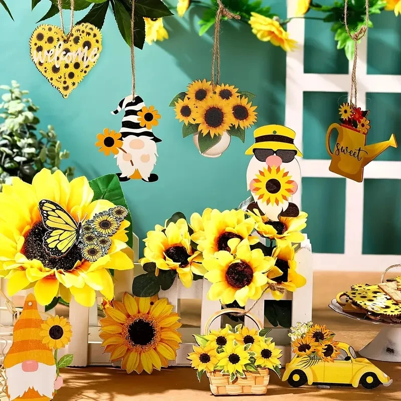 20pcs Wooden Spring Yellow Sunflower Honey Insect HangingDecoration Pendant for Outdoor Festival Party Gift (with Rope)