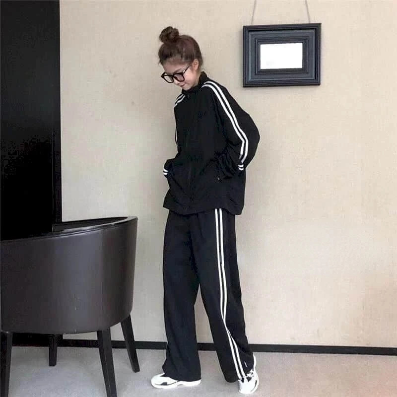 High Street Pants Sets Fashion Women\'s Tracksuit Sporty Loose Two Piece Sets Women Long Sleeve Coats Korean Style Casual Pants