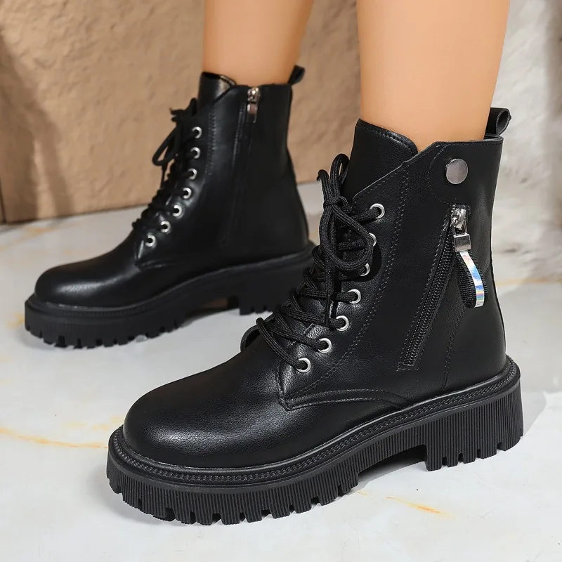 

2025 New Winter Women Platform Boots Solid Color Lace Up Side Zipper Ankle Boots Women Shoes Large Size Ladies' Fashion Shoes
