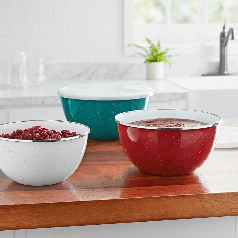Set Mangkuk Pencampur Baja Enamel 6 Buah dengan Tutup Penyimpanan Bersarang Persiapan Tahan Lama Melayani Perlengkapan Dapur