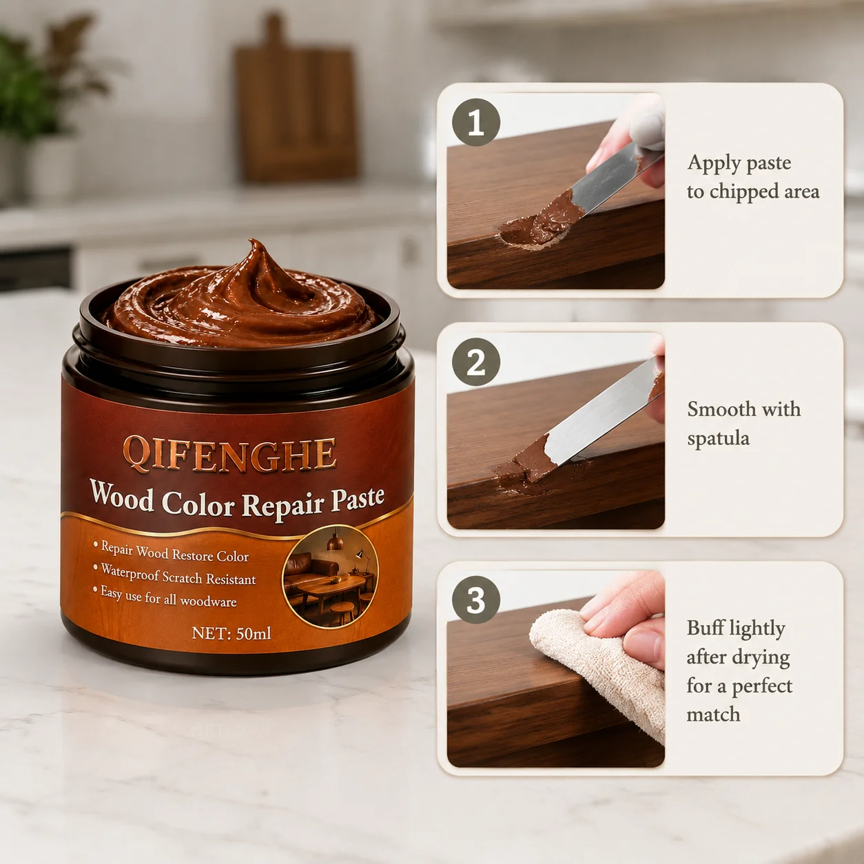 Holzreparaturpaste 50ml, Möbel-Kratzer- und Farbauffrischer, Wasserfest, Einfach Anwendbar für Alle Holzoberflächen – Detail 6