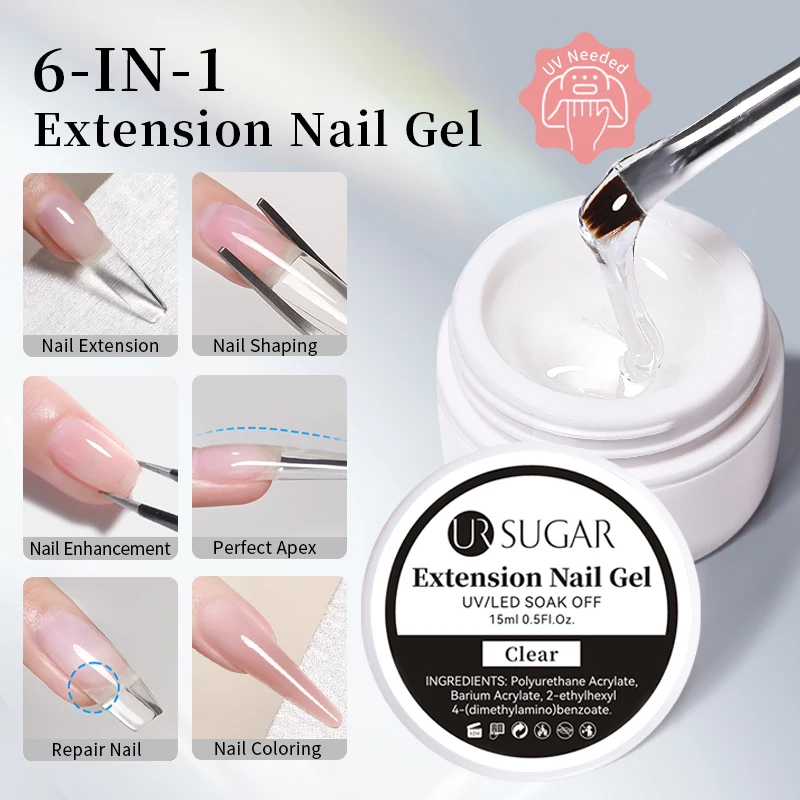 UR SUGAR Gel de Extensión de Uñas 6 en 1, 15 ml, Transparente, Gel Constructor Rápido, Semipermanente, Autonivelante, Gel UV de Construcción, Removible