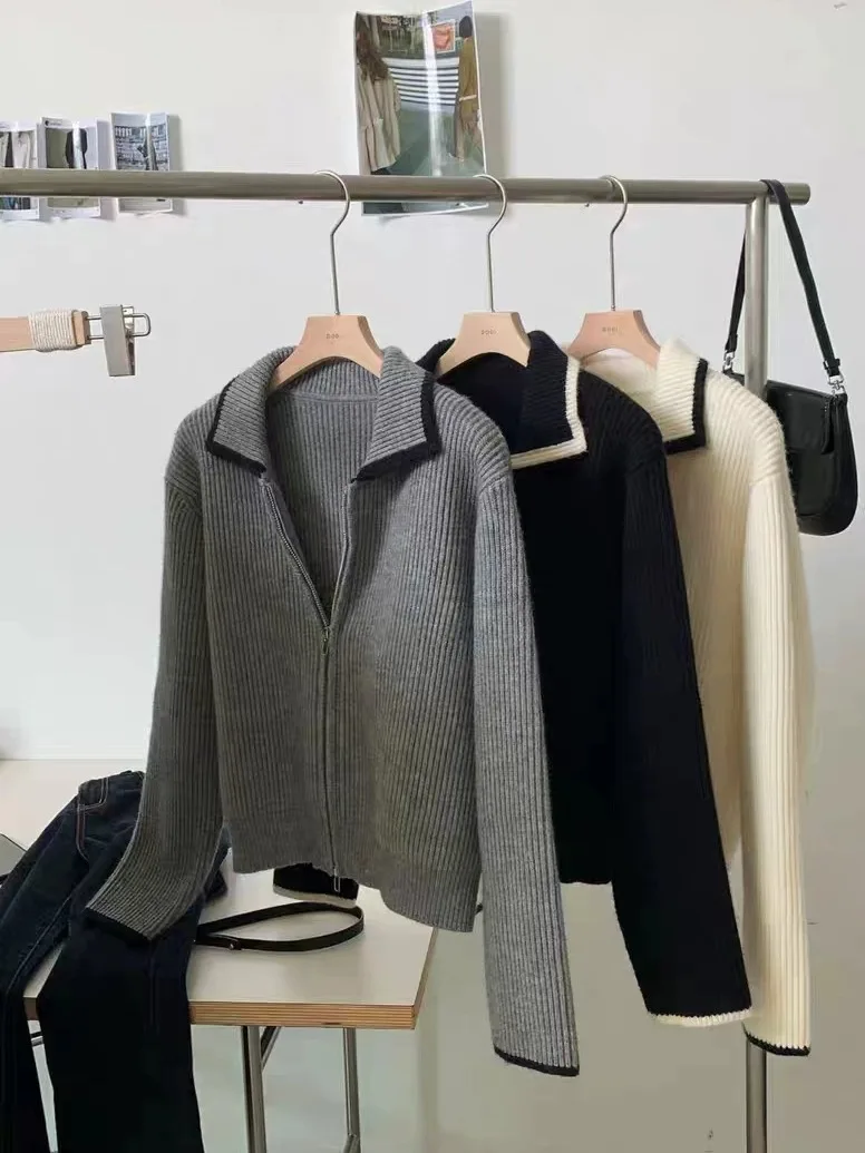 2023 autumn and winter new double zipper cashmere cardigan women\'s lapel coat loose sweater knitted sweater worn outside