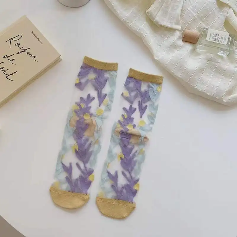 New Women Ladies Sock Fashion Sheer Mesh Glass Silk Socks Ultrathin Transparent Crystal Lace Fabulous Elastic Summer Flower Sock