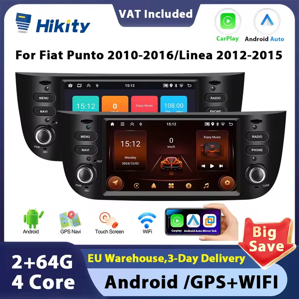 Hikity 6.2 Android 2DIN autoradio Stereo Carplay Android Auto navigazione GPS BT FM per Fiat Punto 2010-2016 Linea 2012-2015
