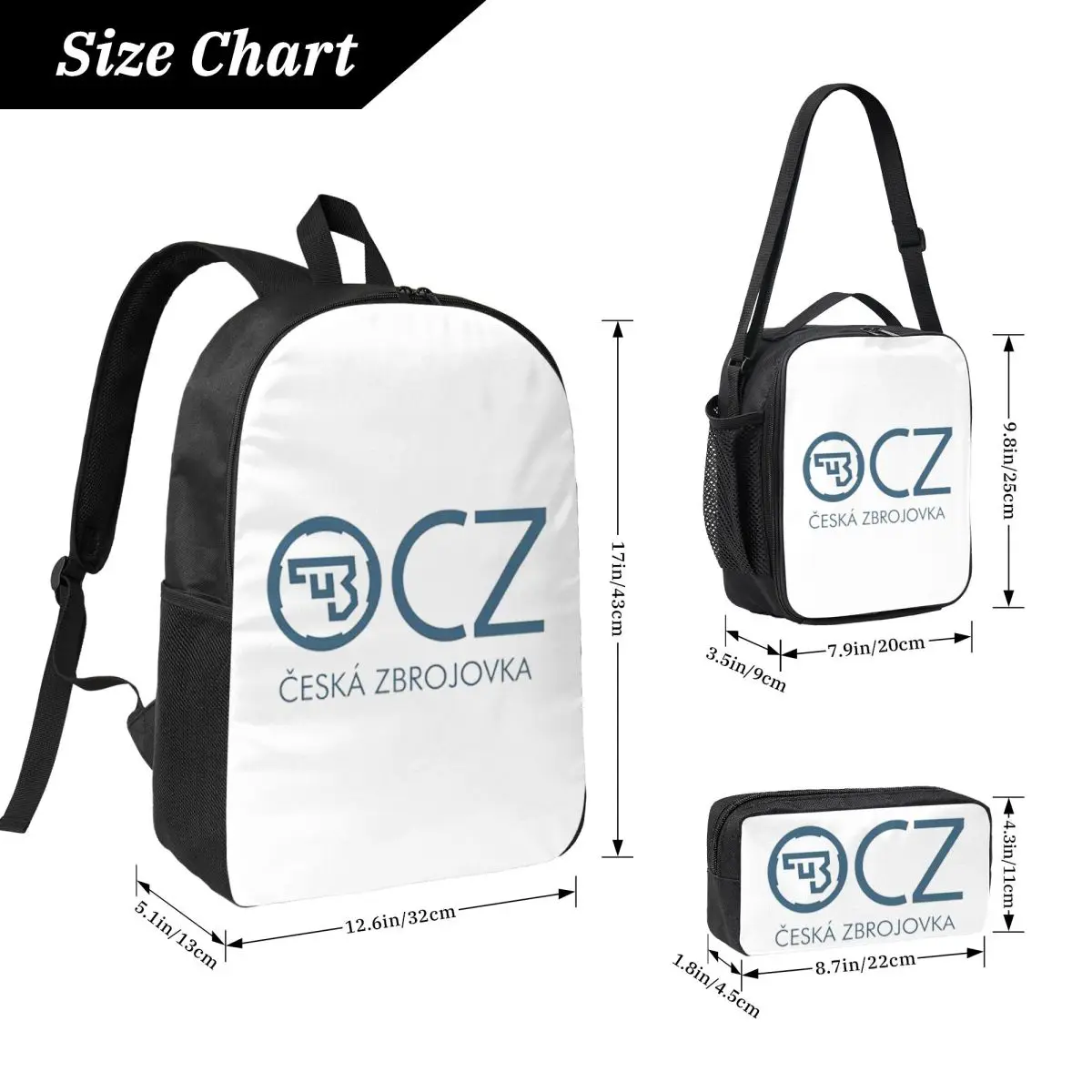 White CZ Guns Logo Backpack Boys Girls BookBag School Bag Computer Shoulder Bags 3ps Insulated Lunch Bag Pencil Case