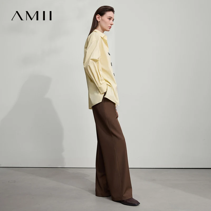 AMII 2025 가을 셔츠 미니멀리즘 탑 100% 코튼 긴 소매 솔리드 셔츠 Office Lady Buttons 풀오버 블라우스 12523091
