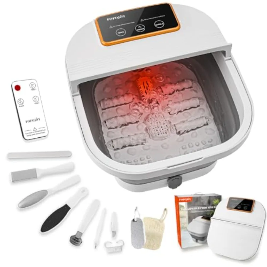 Collapsible Foot Spa with Heat and Remote Control Massage Rollers Bubble Function Foot Pedicure Kit Temperature Control Red Lig