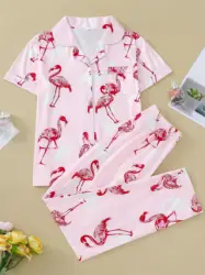 Cartoon flamingo print pajama set for women casual short-sleeved lapel top and loose trousers elegant women's loungewear