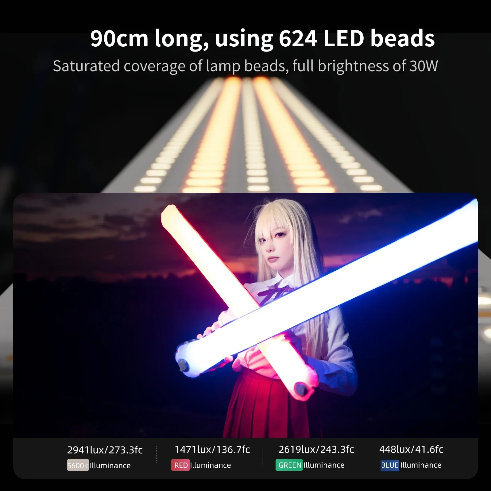 GCA30C 30W RGB Inflatable LED Tube Light 90cm - Full Color 2000K-10000K Portable Handheld Air Fill Light Stick, Rechargeable