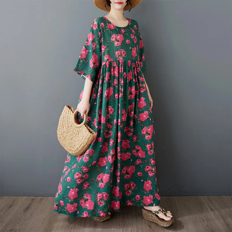 

Johnature Summer 2025 New Women Printed Round Neck Shoulder Sleeve Dress Female Casual Loose Comfortable Women Dresses