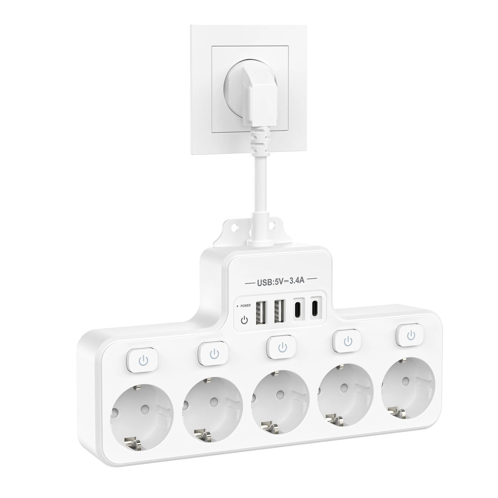 Multiprise EU avec interrupteur pour la maison, multiprise 5 voies, prise électrique multiple, 4 por