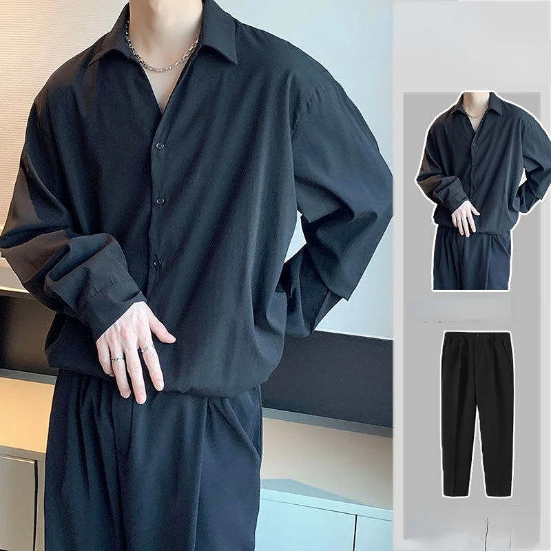 

2023 Summer Men Solid Color Two-piece Set Lapel Button Shirt + Long Pants Casual Suit Office Men's Long Sleeve Loose Outfits V07