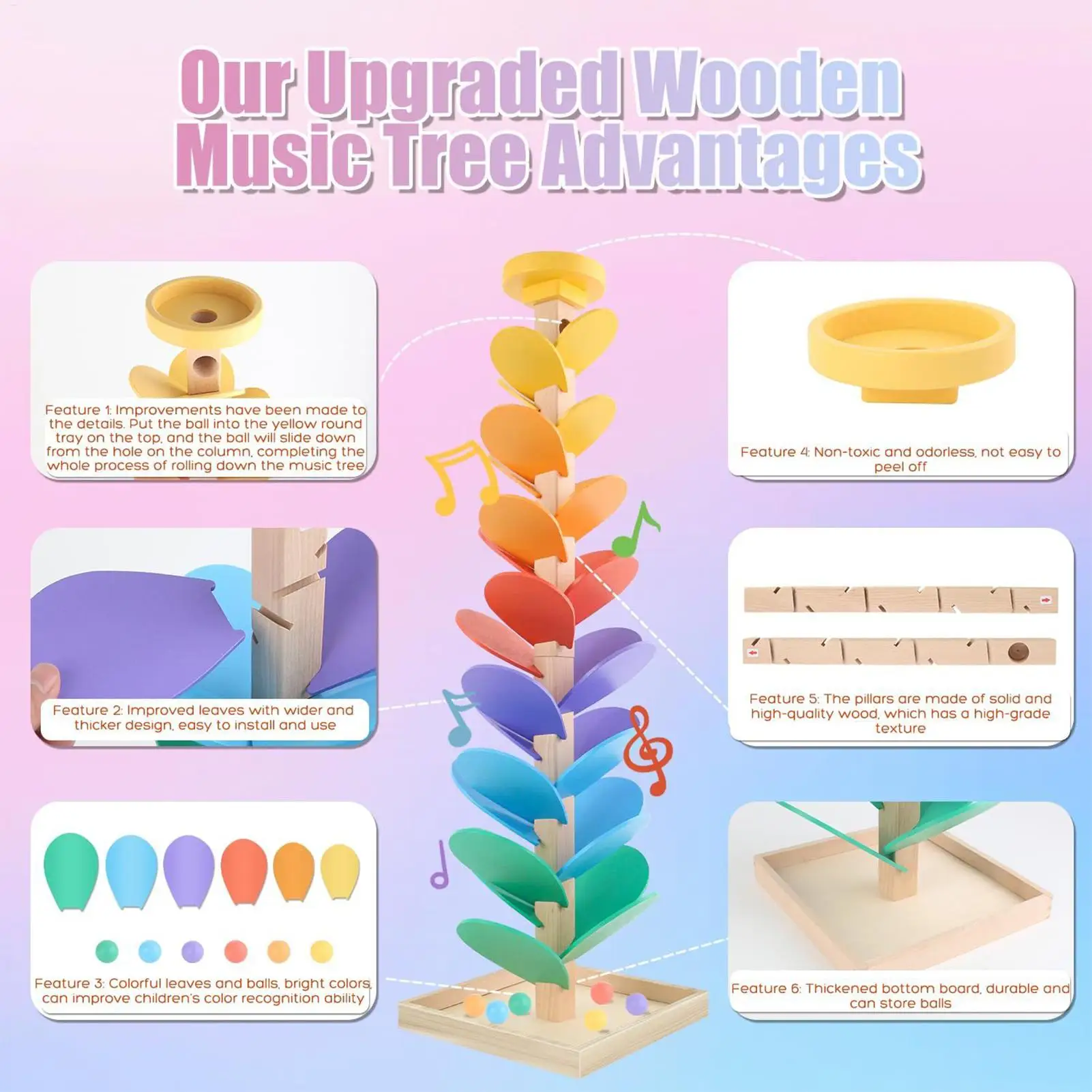 Juguete de árbol Musical de madera Montessori con pista de carrera de mármol, bloques de construcción de arcoíris, juguetes educativos para niños, regalos de cumpleaños